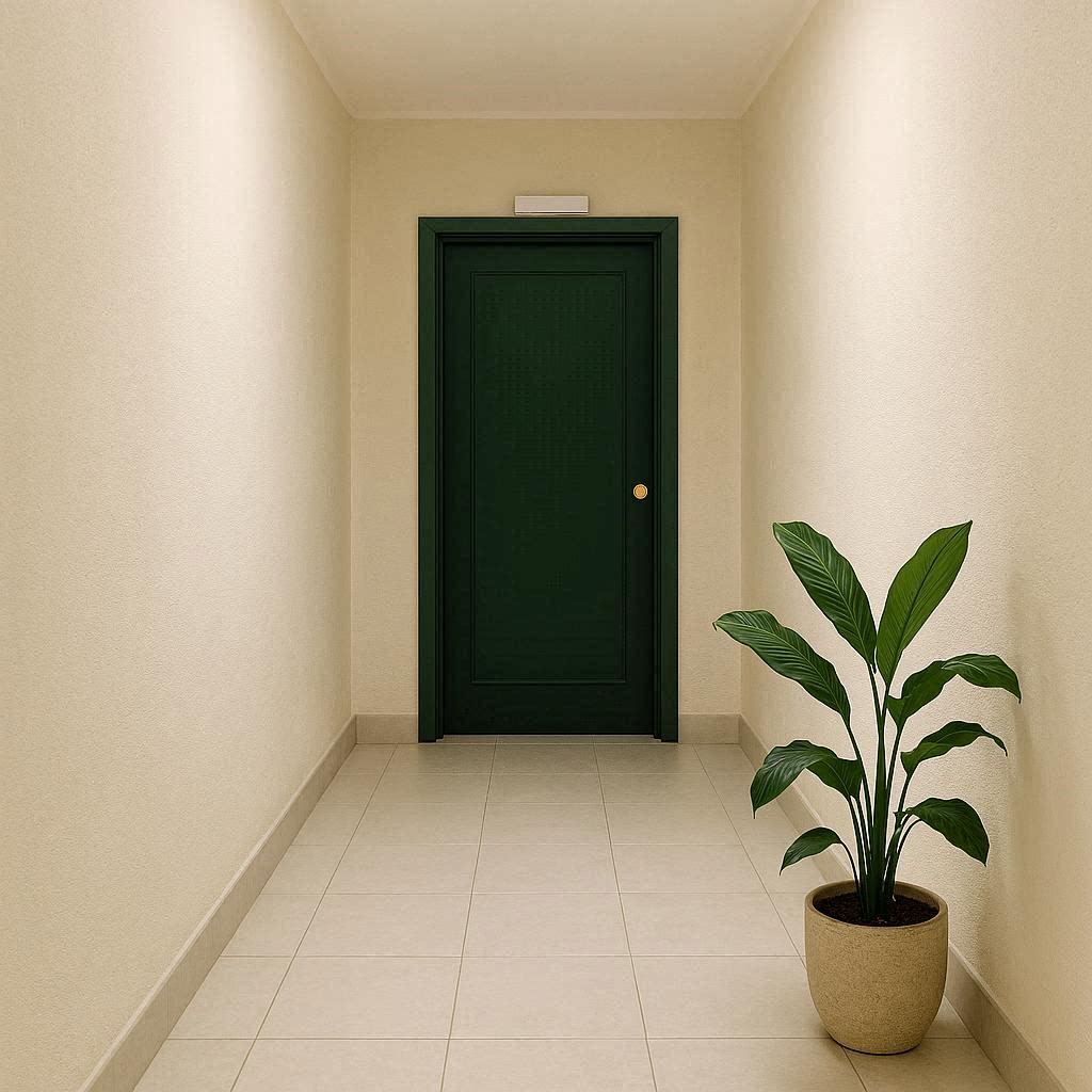 Lege gang met gesloten groene deur